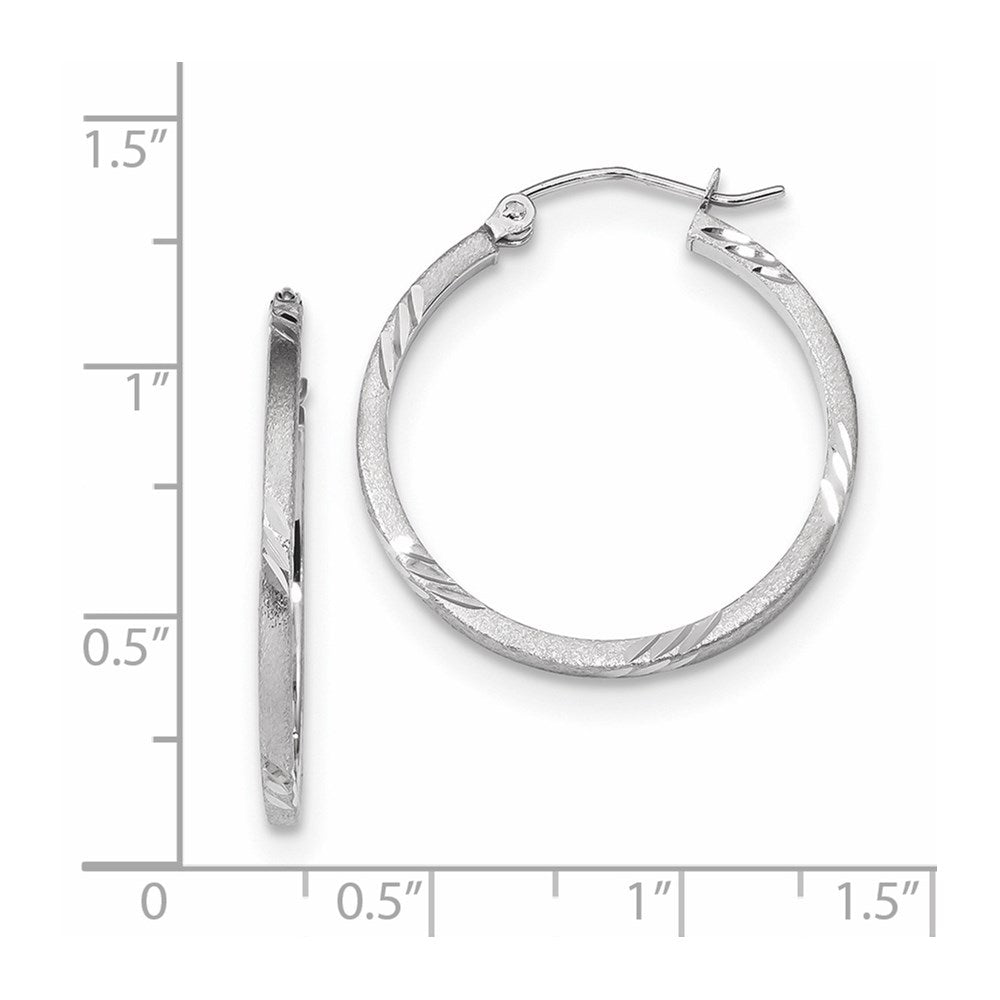 14k White Gold Satin Diamond-cut Square Tube Hoop Earrings