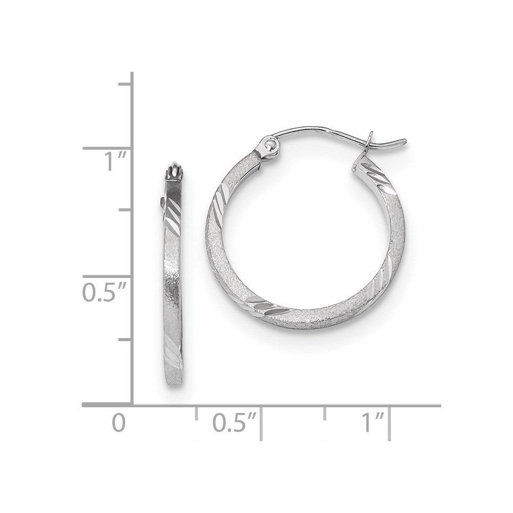 14k White Gold Satin Diamond-cut Square Tube Hoop Earrings