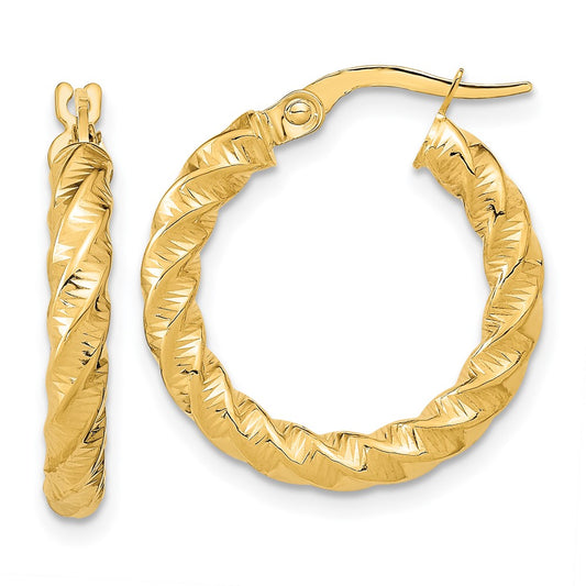 14k Gold Polished 3mm Twisted Hoop Earrings