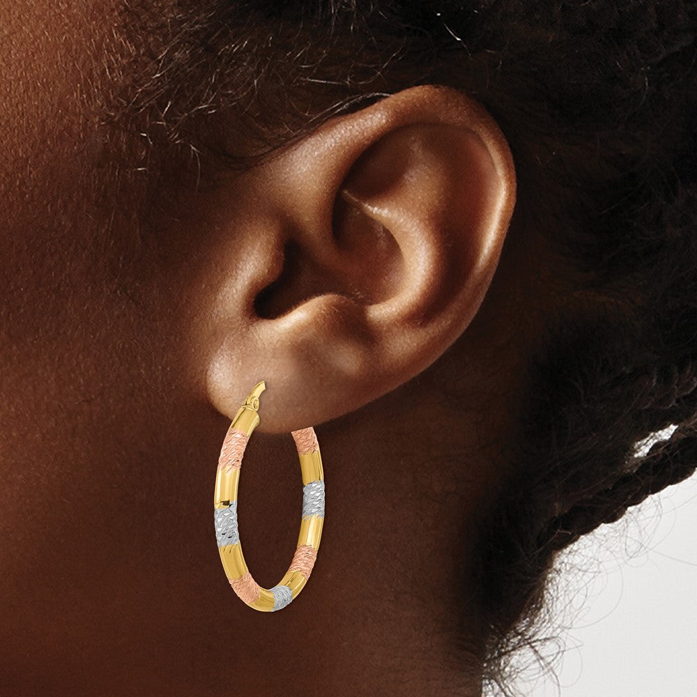 14k with Rose and White Rhodium Diamond-cut 3.0mm Hoop Earrings