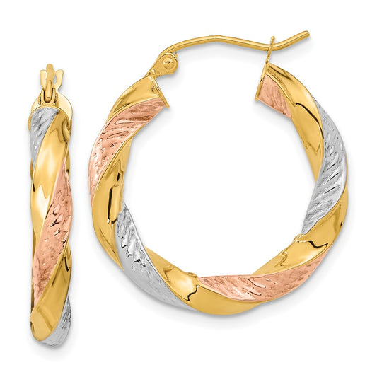 14k w/ White/Rose RH Polished & D/C Twist Hoop Earrings