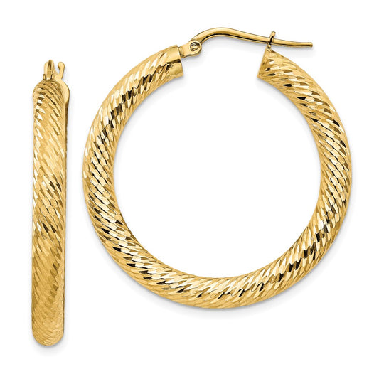 14k 4x25mm Diamond-cut Round Hoop Earrings