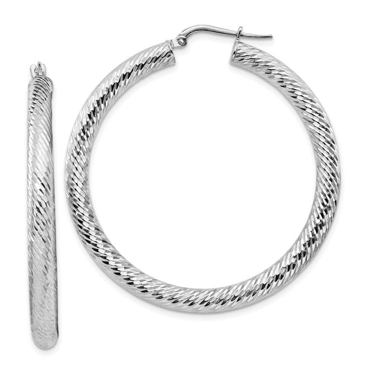 14k 4x35mm White Gold Diamond-cut Round Hoop Earrings