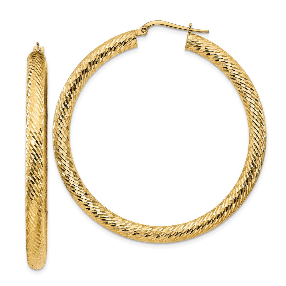 14k 4x50mm Diamond-cut Round Hoop Earrings