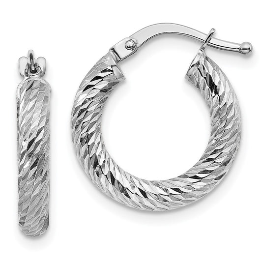 14k 3x10mm White Gold Diamond-cut Round Hoop Earrings