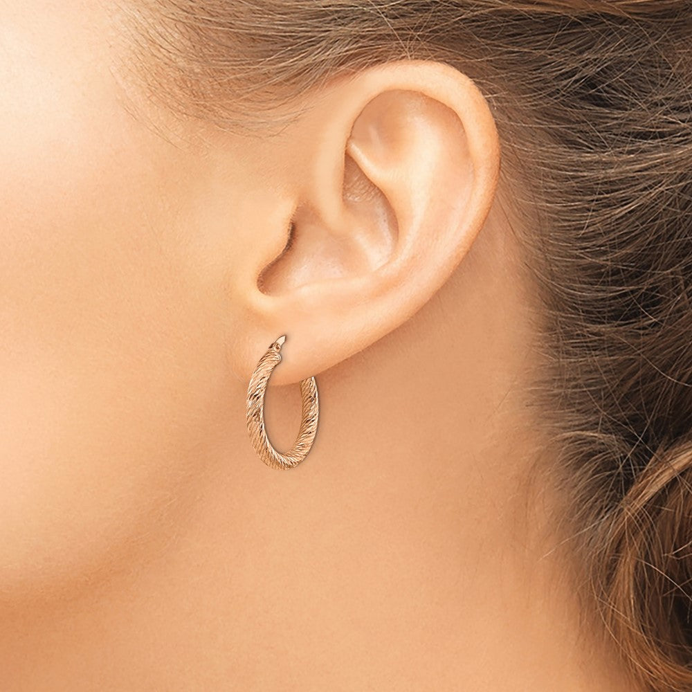 14k 3x20mm Rose Gold Diamond-cut Round Hoop Earrings