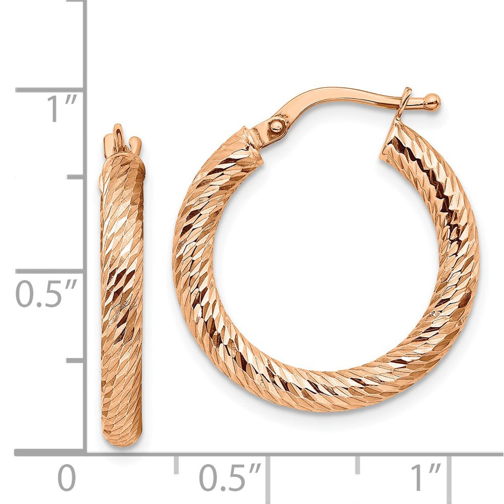 14k 3x20mm Rose Gold Diamond-cut Round Hoop Earrings