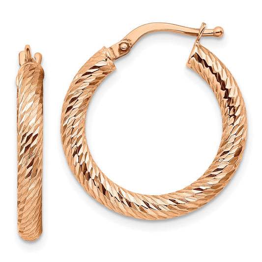 14k 3x20mm Rose Gold Diamond-cut Round Hoop Earrings
