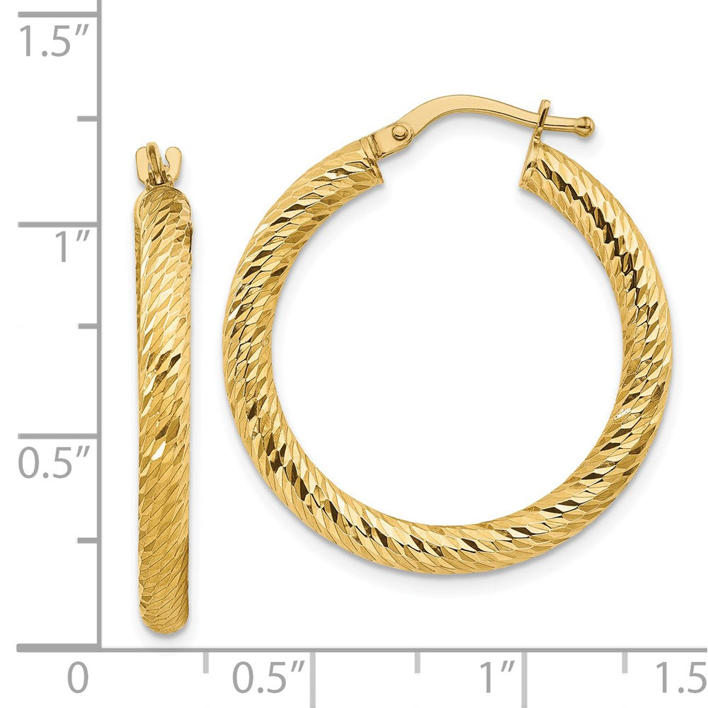 14k 3x20mm Diamond-cut Round Hoop Earrings