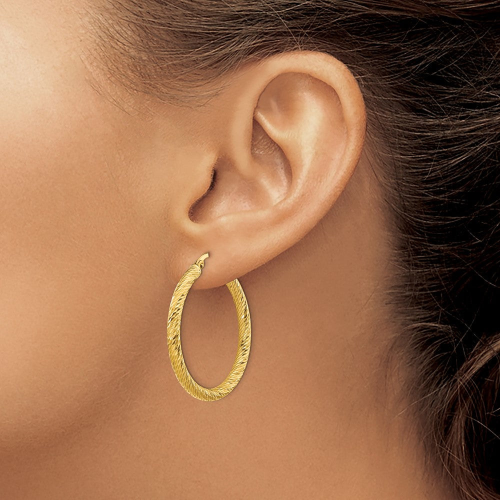 14k 3x25mm Diamond-cut Round Hoop Earrings