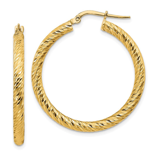 14k 3x25mm Diamond-cut Round Hoop Earrings