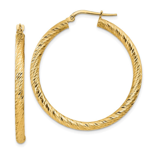 14k Polished 3mm Diamond-cut Round Hoop Earrings