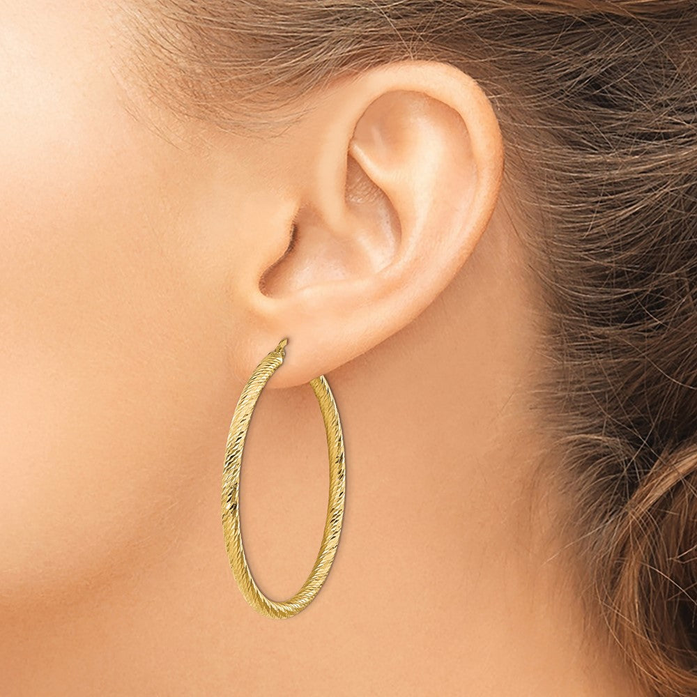 14k 3x40mm Diamond-cut Round Hoop Earrings