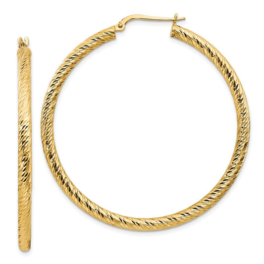 14k 3x40mm Diamond-cut Round Hoop Earrings
