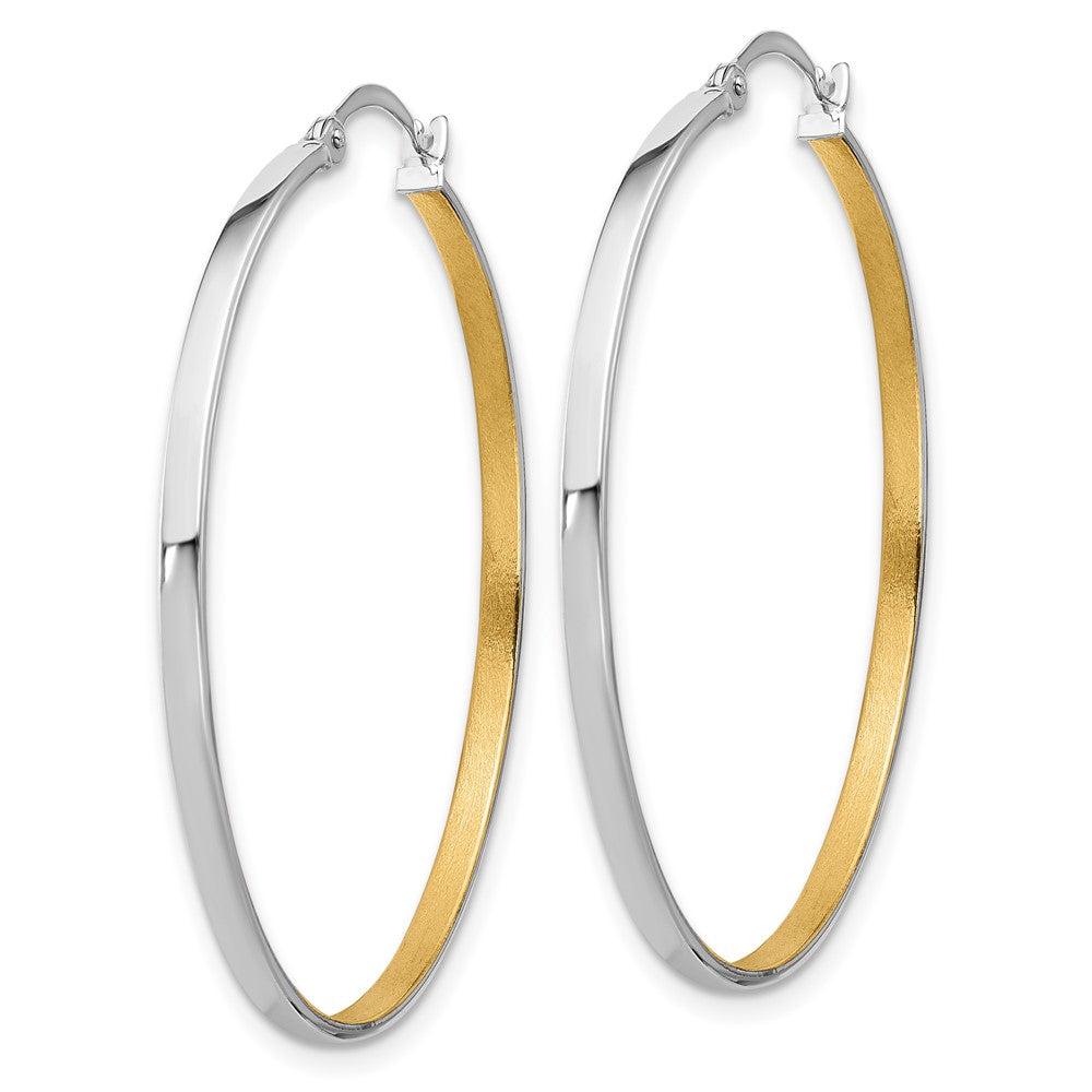 14k White Gold w/Yellow Rhodium Polished and Brushed 2mm Hoop Earrings