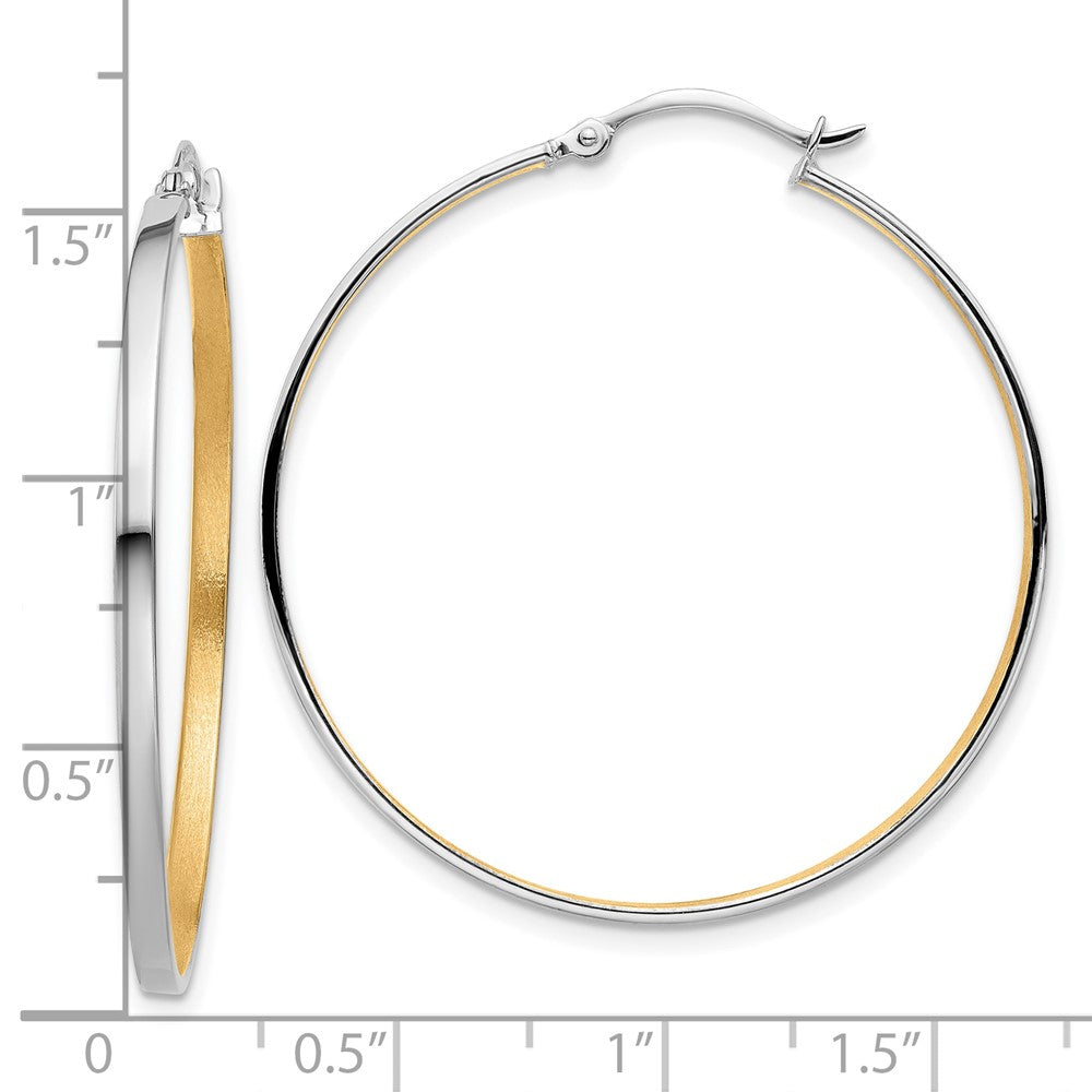 14k White Gold w/Yellow Rhodium Polished and Brushed 2mm Hoop Earrings