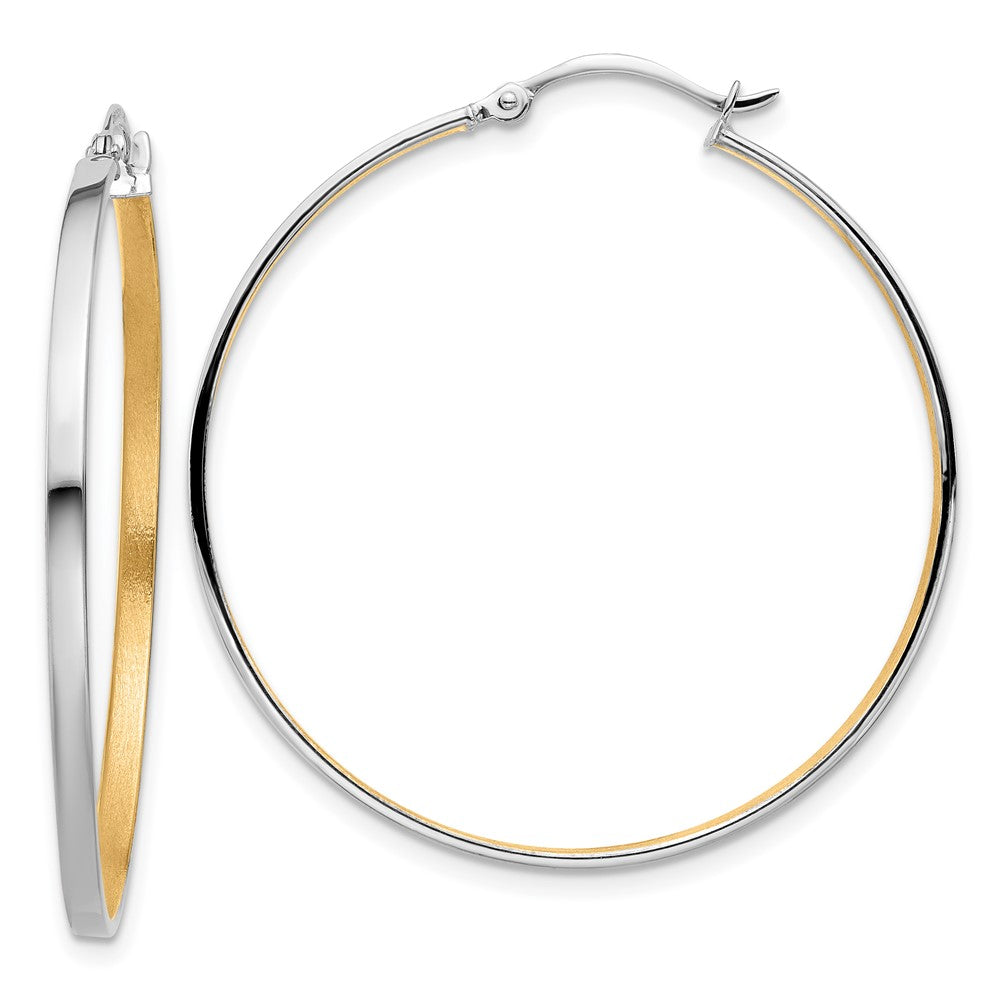 14k White Gold w/Yellow Rhodium Polished and Brushed 2mm Hoop Earrings