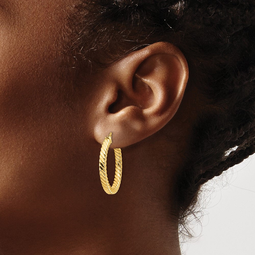 14k Yellow Gold Polished & Twisted 3mm Square Tube Hoop Earrings