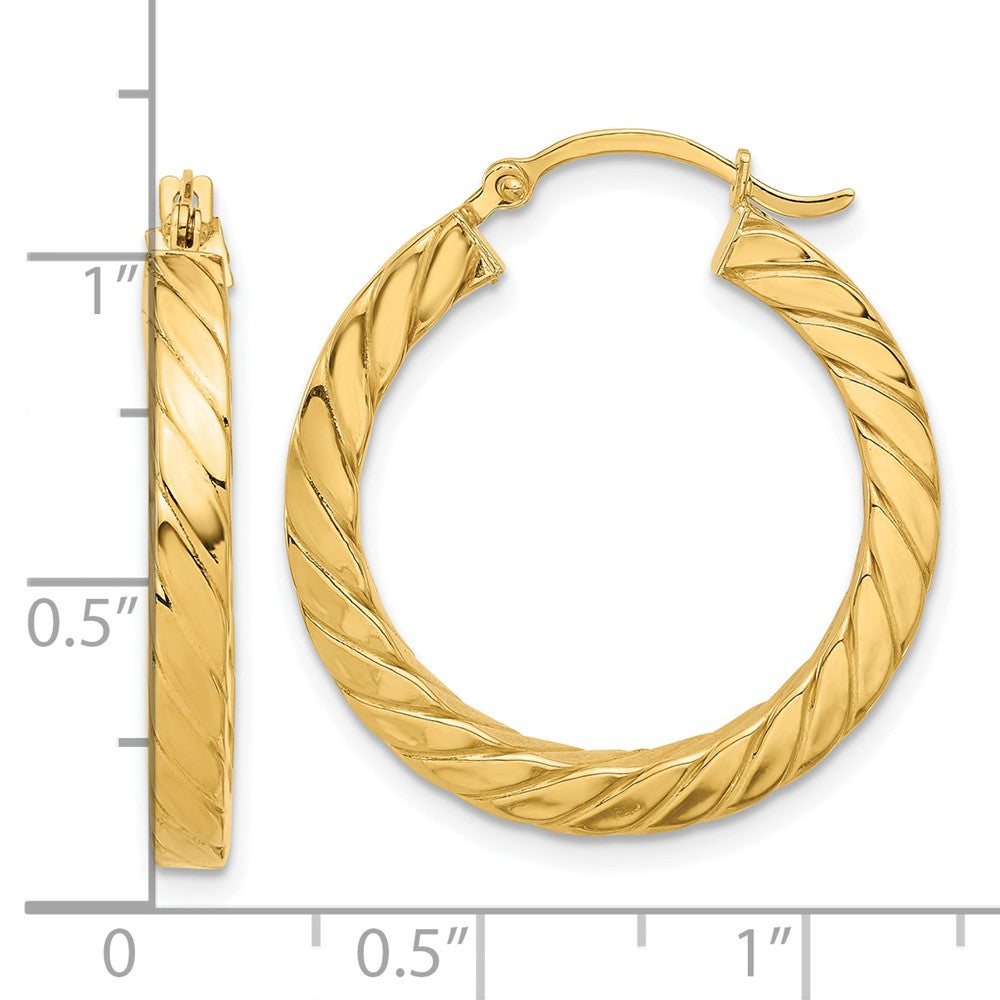 14k Yellow Gold Polished & Twisted 3mm Square Tube Hoop Earrings