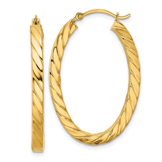14k Polished & Twisted 3mm Square Tube Oval Hoop Earrings