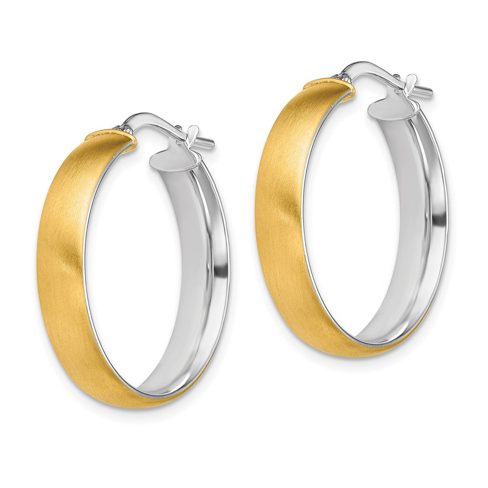 14K Yellow Gold with White Rhodium Medium 5mm Polished & Satin Hoop Earrings