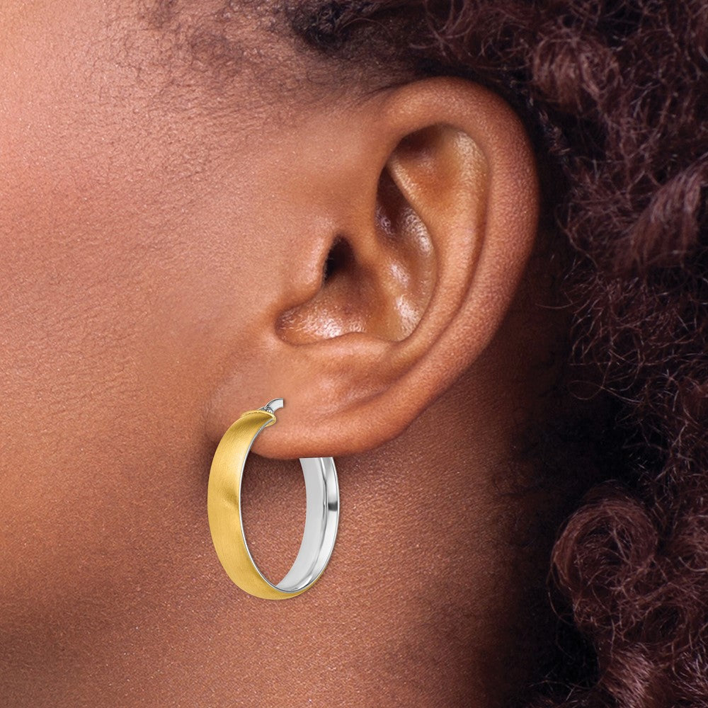 14K Yellow Gold with White Rhodium Medium 5mm Polished & Satin Hoop Earrings