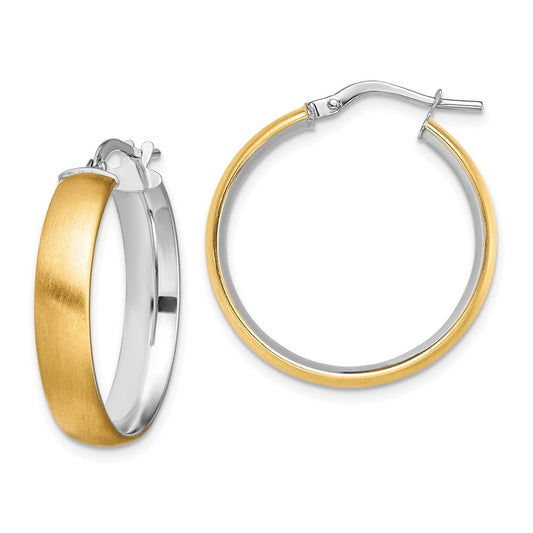 14K Yellow Gold with White Rhodium Medium 5mm Polished & Satin Hoop Earrings