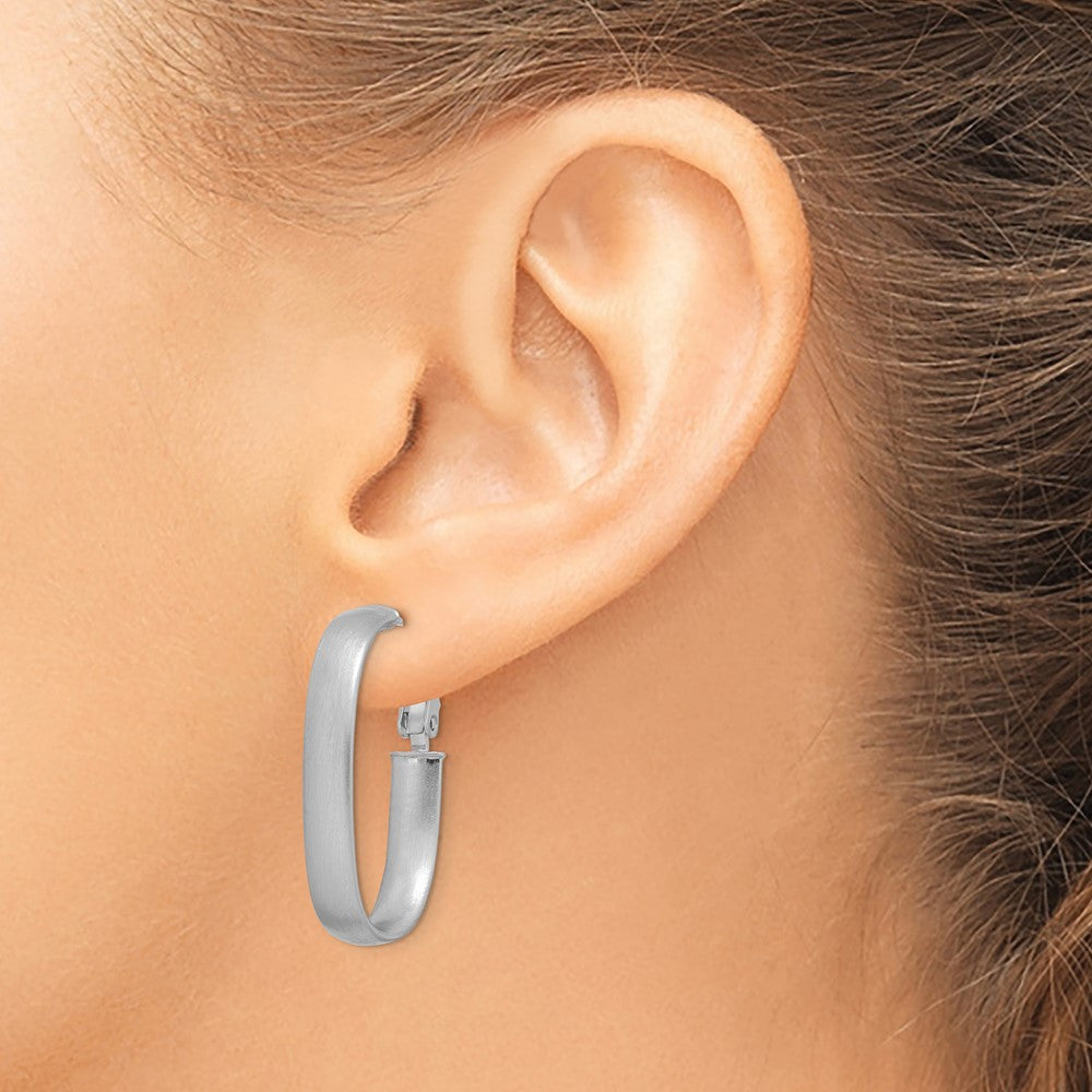 14k White Gold Satin Oval Omega Back Hoop Earrings