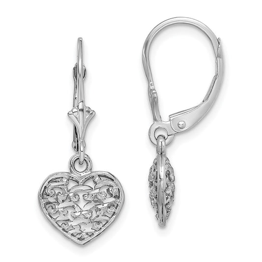 14k White Gold 3-D Mini D/C Puffed Heart Leverback Earrings