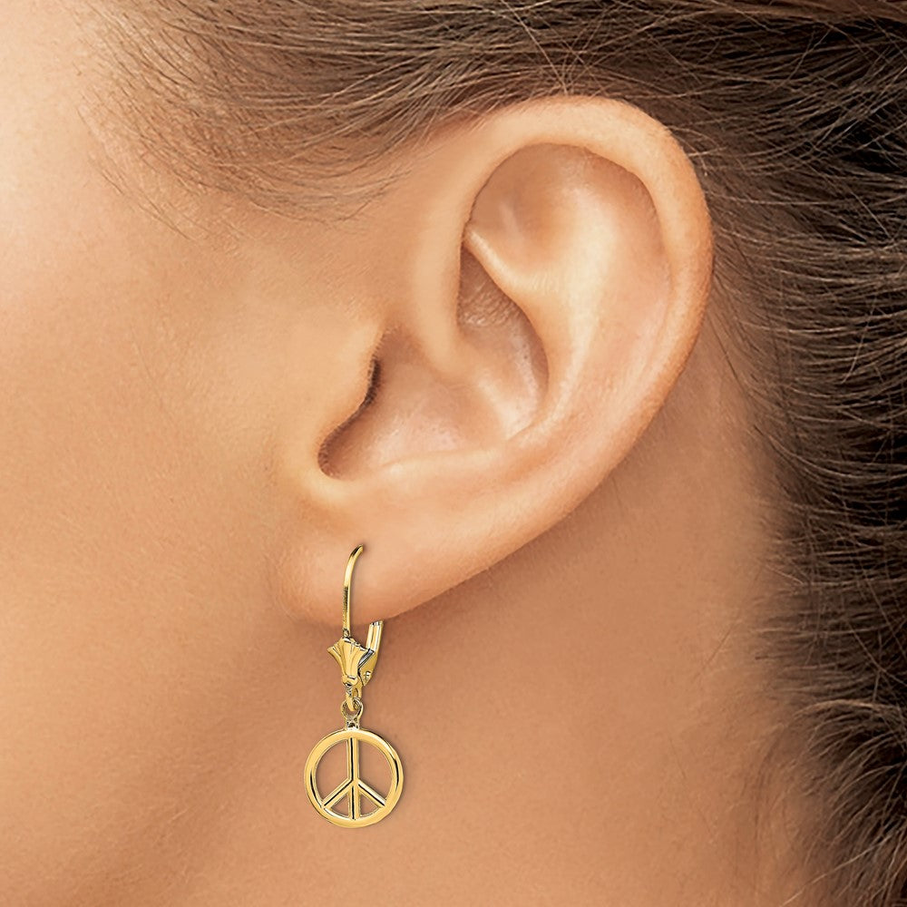 14K Yellow Gold 3-D Peace Symbol Leverback Earrings