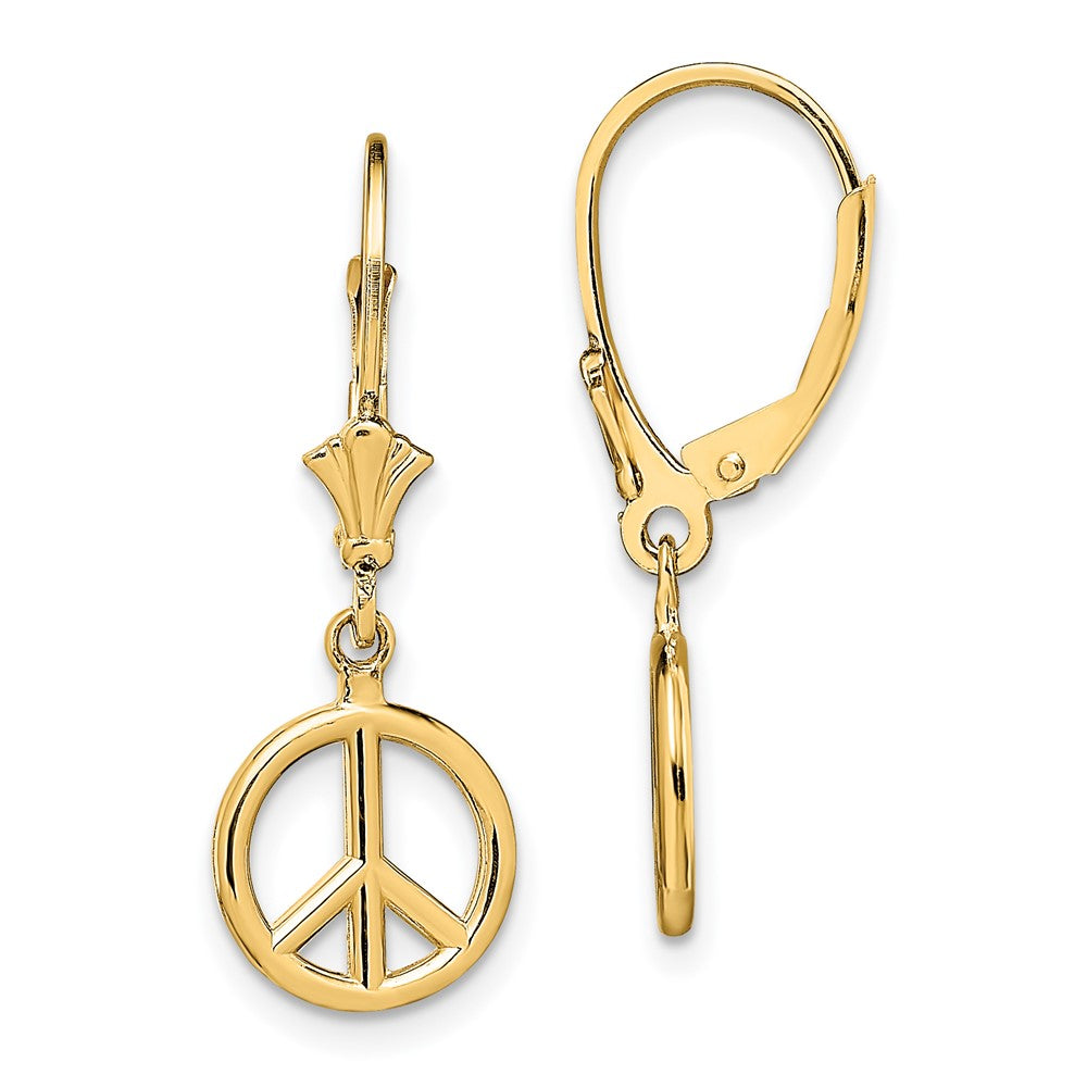 14K Yellow Gold 3-D Peace Symbol Leverback Earrings