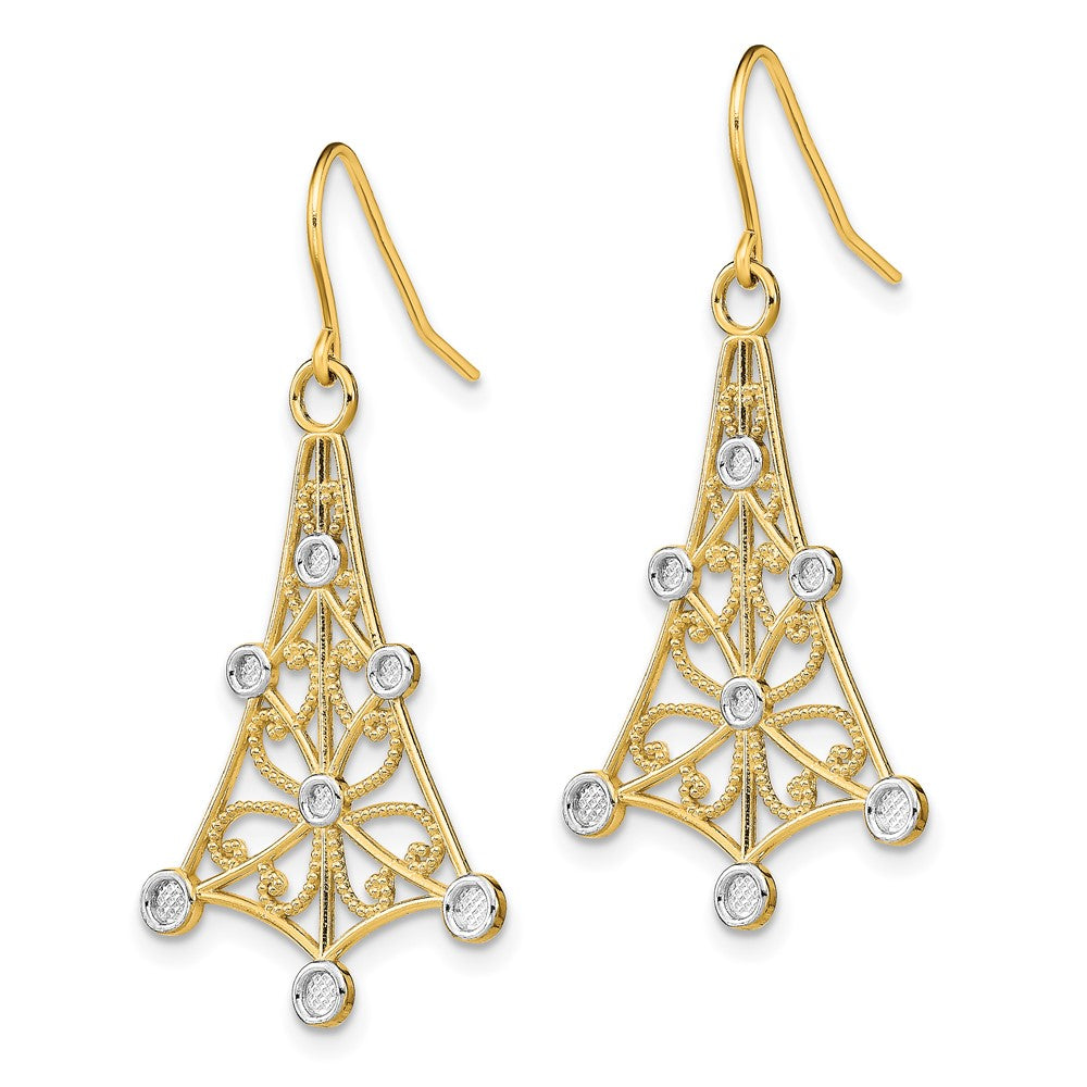 14K Yellow Gold w/Rhodium Fancy Dangle Wire Earrings