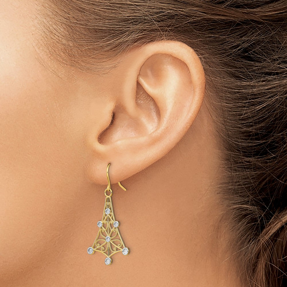 14K Yellow Gold w/Rhodium Fancy Dangle Wire Earrings