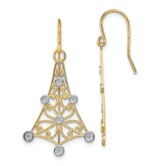 14K Yellow Gold w/Rhodium Fancy Dangle Wire Earrings
