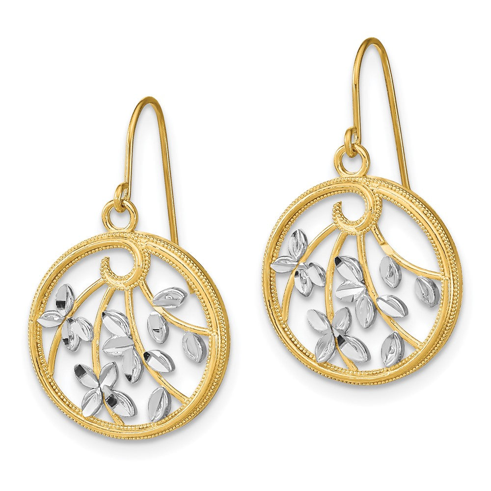 14K Yellow Gold w/Rhodium D/C Leaves Round Dangle Earrings