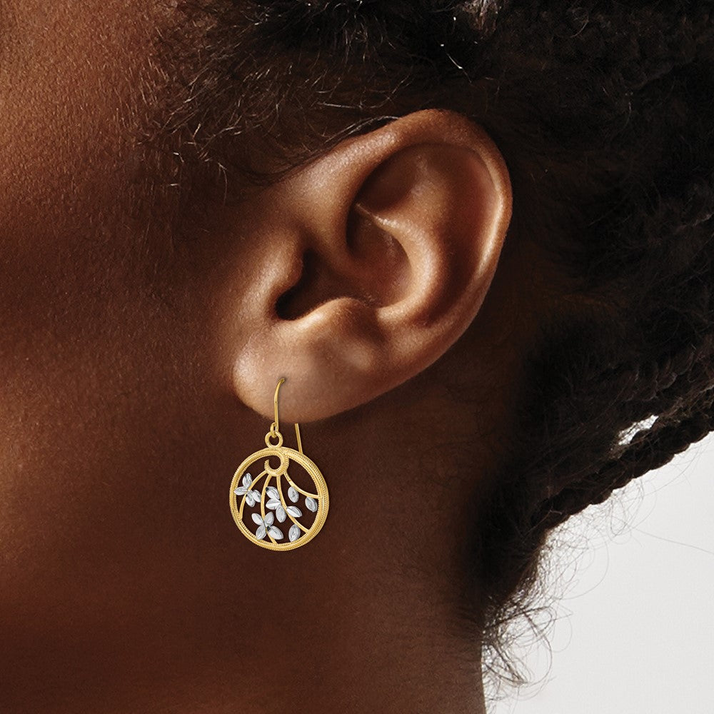 14K Yellow Gold w/Rhodium D/C Leaves Round Dangle Earrings