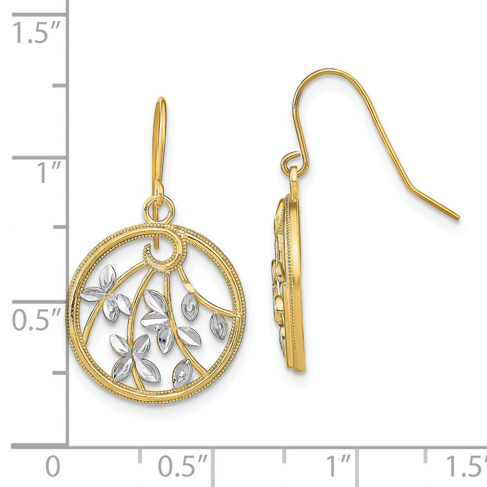 14K Yellow Gold w/Rhodium D/C Leaves Round Dangle Earrings