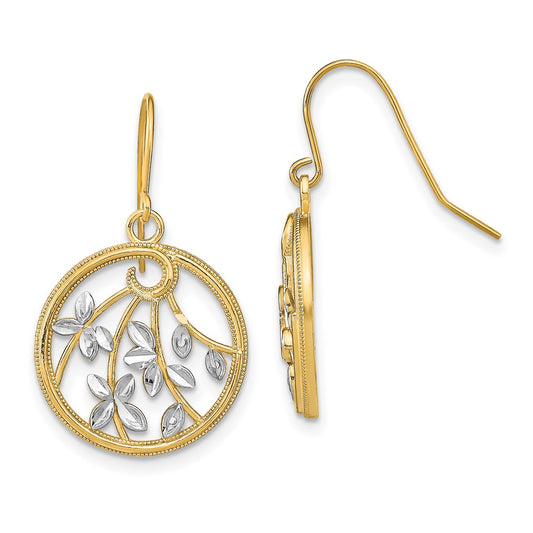 14K Yellow Gold w/Rhodium D/C Leaves Round Dangle Earrings