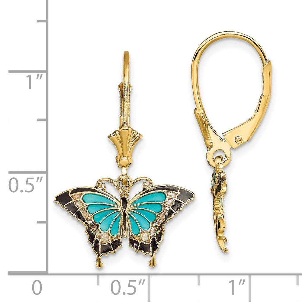 14K w/Aqua Enameled Wings Butterfly Leverback Earrings
