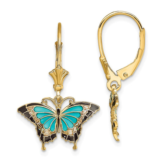 14K w/Aqua Enameled Wings Butterfly Leverback Earrings
