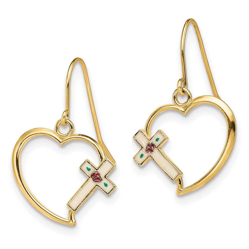 14K Yellow Gold w/ Enamel Cross Heart Dangle Earrings