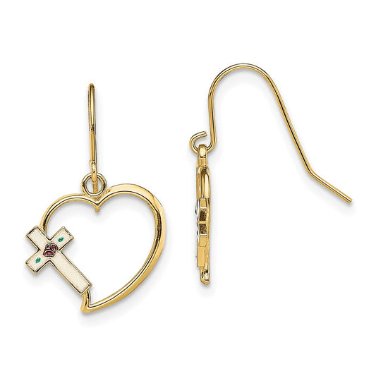 14K Yellow Gold w/ Enamel Cross Heart Dangle Earrings