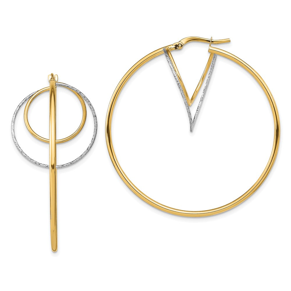 14k w/ White Rhodium Diamond-cut Twisted Circles Inside Hoop Earrings
