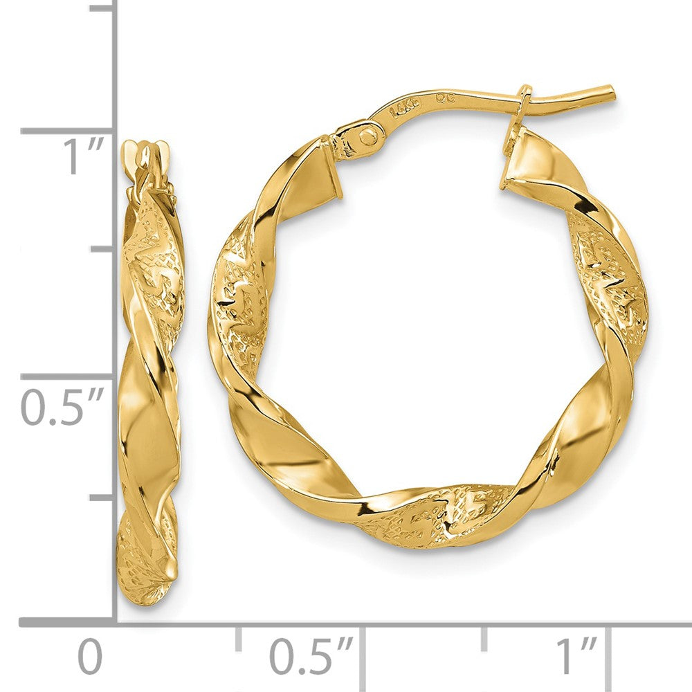 14k Polished and Textured Twisted 3mm Hoop Earrings