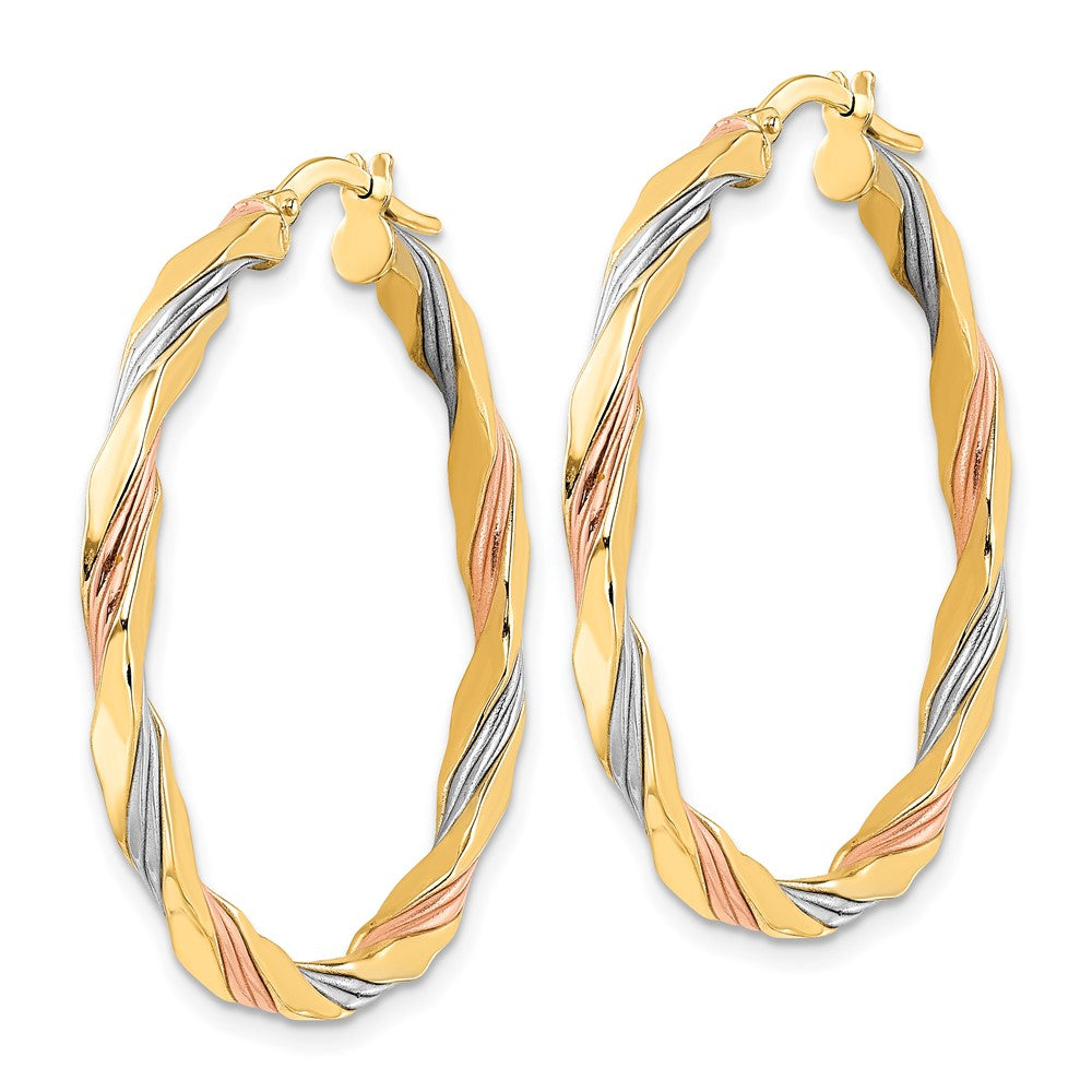 14K W/Rose & White Rhodium Polished Twisted Hoop Earrings