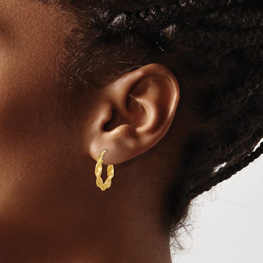 14K Yellow Gold Polished and Textured Twisted Hoop Earrings
