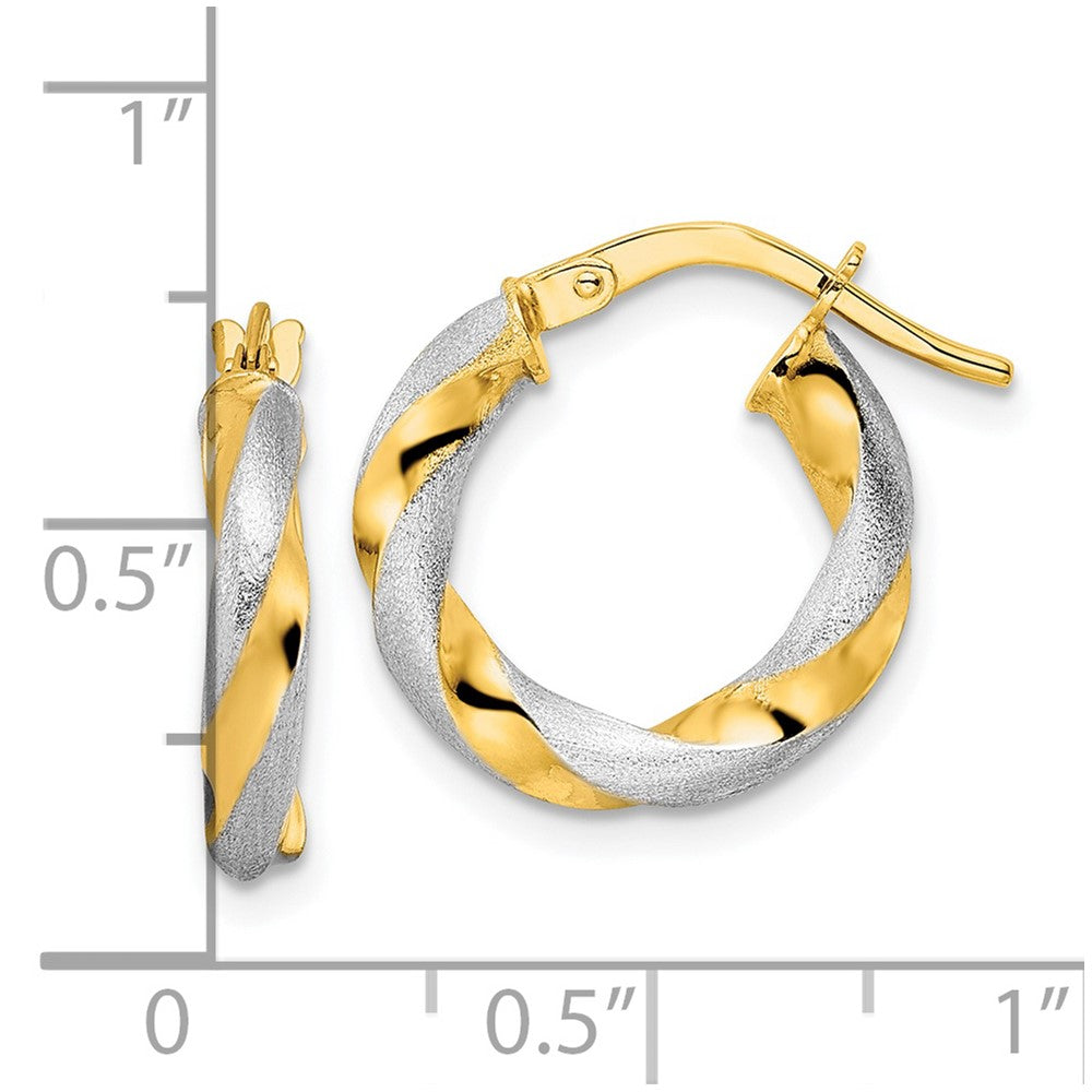 14K w/ White Rhodium Brushed and Polished Twisted Hoop Earrings