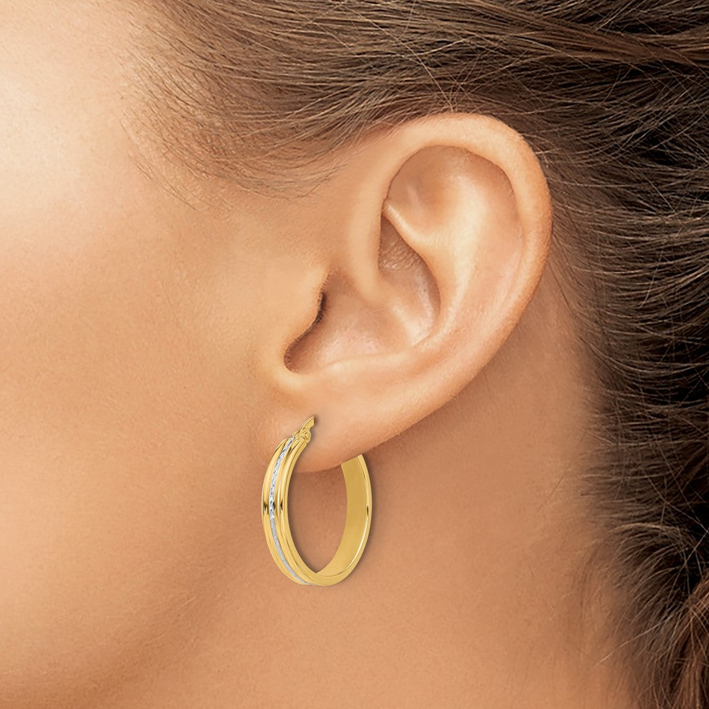14K w/ White Rhodium Polished and Diamond-cut Hoop Earrings