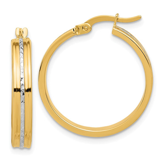 14K w/ White Rhodium Polished and Diamond-cut Hoop Earrings