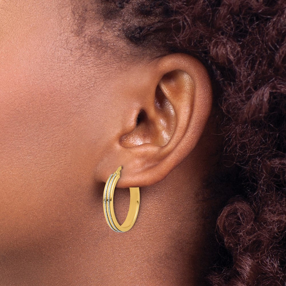 14K Two-tone Polished and Diamond-cut Hoop Earrings